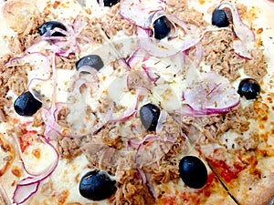 Tuna Pizza with onions and olives