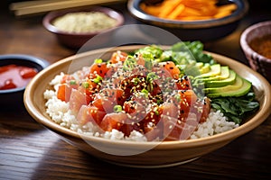 Tuna Poke bowl with avocado, green salad, green onion, rice and sesame seeds. Tuna Sushi bowl rich with protein, law carbs diet.