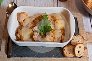 Tuna and potato stew called marmitako. Traditional Basque recipe, spanish food