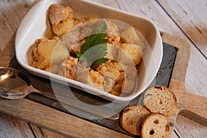 Tuna and potato stew called marmitako. Traditional Basque recipe, spanish food