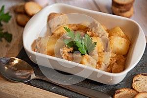 Tuna and potato stew called marmitako. Traditional Basque recipe, spanish food