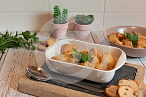 Tuna and potato stew called marmitako. Traditional Basque recipe, spanish food