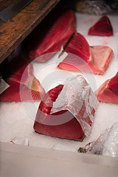 Tuna raw sliced fish store at Tsukiji sea food market