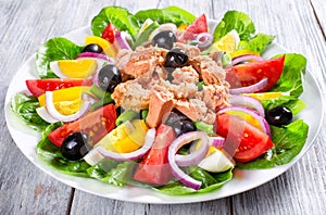 Tuna salad with anchovies, eggs, black olives, tomatoes, oil, basil, garlic, vinegar