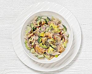 tuna salad with avocado, onion, cucumber, capers