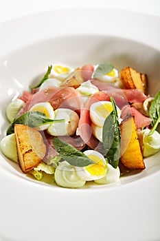 Tuna salad, baked potatoes and boiled quail eggs