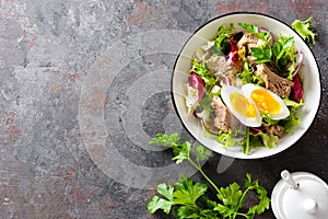 Tuna salad in bowl. Mediterranean food. Fresh salad with canned tuna fish. Healthy diet food