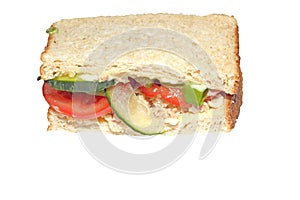 Tuna and salad sandwich half isolated