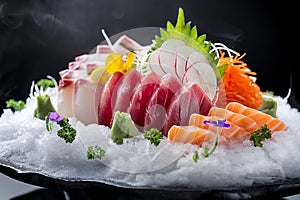 Tuna sashimi sliced on ice. Fresh and tasty traditional delicious Japanese dish, raw fish fillet, Japanese cuisine. Seafood