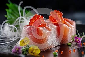 Tuna sashimi sliced on ice. Fresh and tasty traditional delicious Japanese dish, raw fish fillet, Japanese cuisine. Seafood