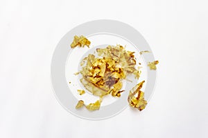 Tuna shaving katsuobushi, bonito flakes, ingredient of japanese soup dashi. Isolated on white background