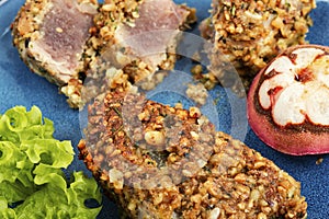 Tuna steak fried with mangosteens,macro