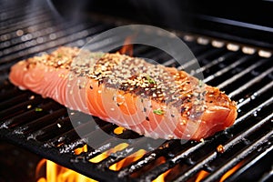 tuna steak on a grill, sesame seeds visibly charring