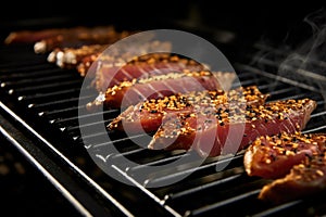 tuna steak on a grill, sesame seeds visibly charring