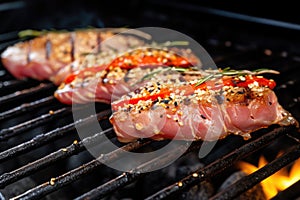 tuna steak on a grill, sesame seeds visibly charring