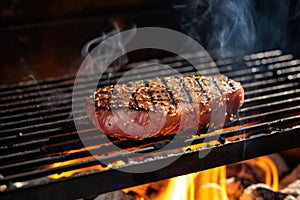 tuna steak on a grill, sesame seeds visibly charring