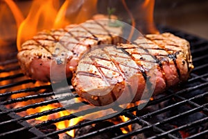 tuna steak grilling on charcoal