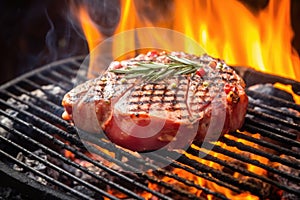 tuna steak on a hot, smoking charcoal grill