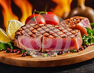 Tuna steak on a wooden board against a background of fire. The character and all objects are fictitious, the image was created