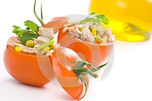 Tuna stuffed tomato celery corn soya bean