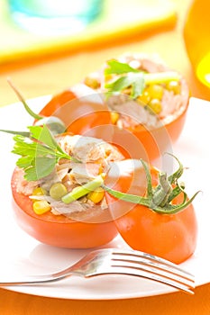 Tuna stuffed tomato celery corn soya bean