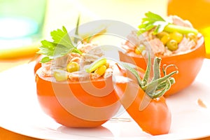 Tuna stuffed tomato celery corn soya bean