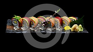 Tuna sushi maki roll and Salmon sushi maki roll. Japanese sushi fish roll. Japanese tradition fusion