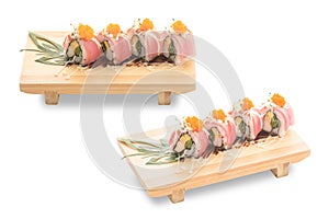 Tuna sushi roll, japanese food isolated with clipping path.