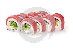 Tuna sushi rolls with cream cheese, avocado and cucumber on white