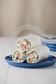 Tuna wraps with avocado tomato and mayonnaise