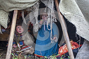 Tundra, The extreme north, Yamal, the pasture of Nenets people, children on vacation playing near reindeer pasture