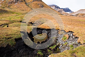 Tundra landscape - Erosion, caused by thawing permafrost ground, one of several results of the global warming