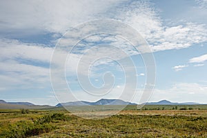 The tundra leads to the mountains. Plenty. Clear summer day. Wildlife travel concept