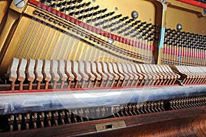 Tuner inside of a piano with little hammer