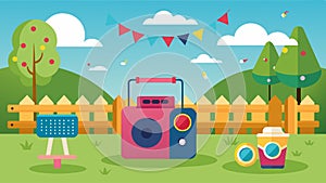 Tunes from a portable speaker filling the backyard with classic patriotic songs and summer hits.. Vector illustration.