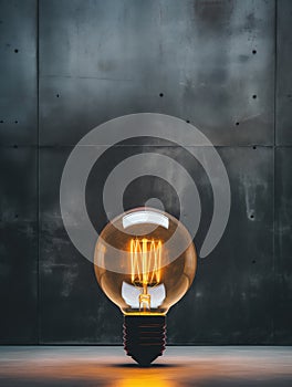 Tungsten light bulb on black concrete background. Warm glow of a vintage style light bulb on dark background. Generative AI