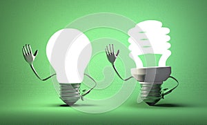 Tungsten light bulb character waving hand and fluorescent one