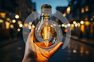 Tungsten light bulb in the hand on the blurred city lights background