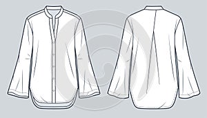 Tunic Shirt technical fashion Illustration. Bell Sleeve Tunic fashion flat technical drawing template, button down,v neck