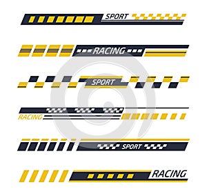 Tuning bars. Sports racing stripes, sport car, motorbike, boat stickers, striped vehicle decals. Racing sport elements flat vector