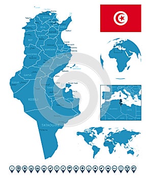 Tunisia - detailed blue country map with cities, regions, location on world map and globe. Infographic icons