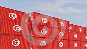 Tunisia flag containers are located at the container terminal. Concept for Tunisia import and export 3D