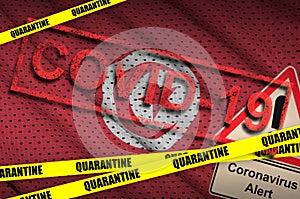 Tunisia flag and Covid-19 quarantine yellow tape with red stamp. Coronavirus or 2019-nCov virus