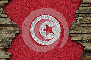 Tunisia flag depicted in paint colors on old stone wall closeup. Textured banner on rock wall background