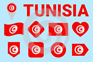 Tunisia flag vector set. Tunisian natioanl symbols collection. Geometric shapes. Flat style. sports, national, travel, geographic