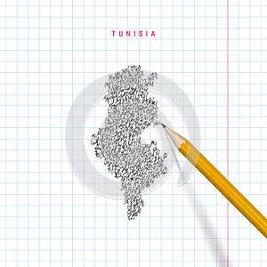 Tunisia sketch scribble vector map drawn on checkered school notebook paper background