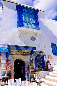 Tunisia, White and Blue Traditional Building, Gift Shop, Arabic Architecture