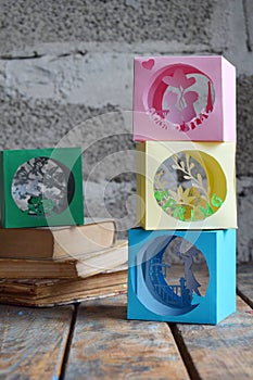 Tunnel book. Composition of different tunnelbook. 3D greeting card Spring, Mothers Day, St. Valentines Day. Modern 3d origami