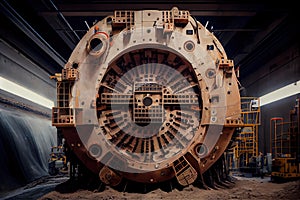 tunnel boring machine, advancing through the tunnel with its face and drill bits visible