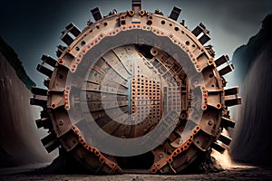 tunnel boring machine, advancing through the tunnel with its face and drill bits visible